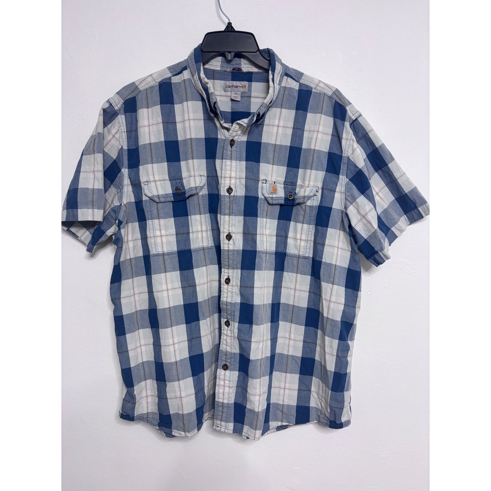 Carhartt Mens Relaxed Fit Plaid Short Sleeve Button Down Shirt Blue 2XL 102533